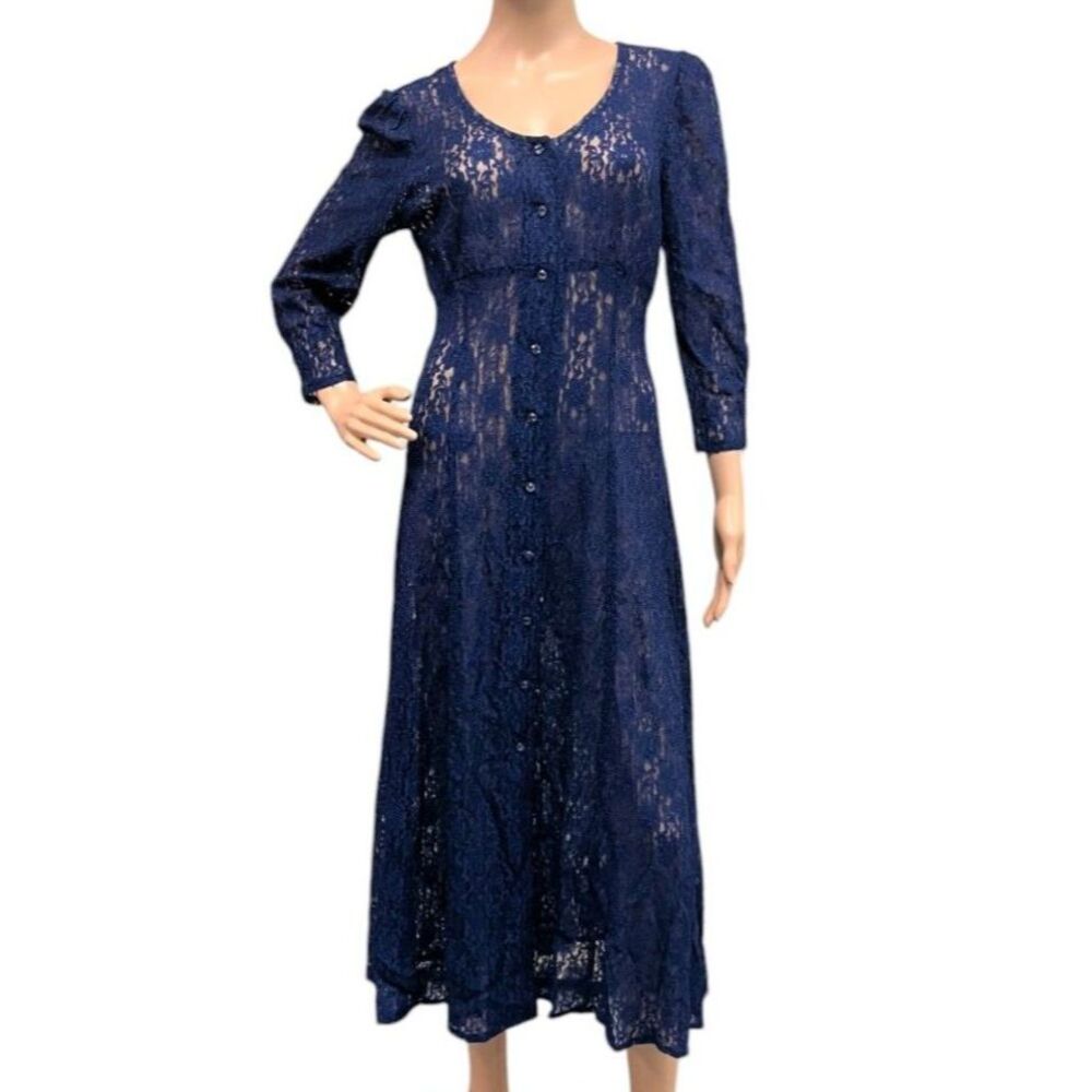 VTG Paris Sport Club Lace Dress Overlay Midi Sheer BLUE Sz 7/8